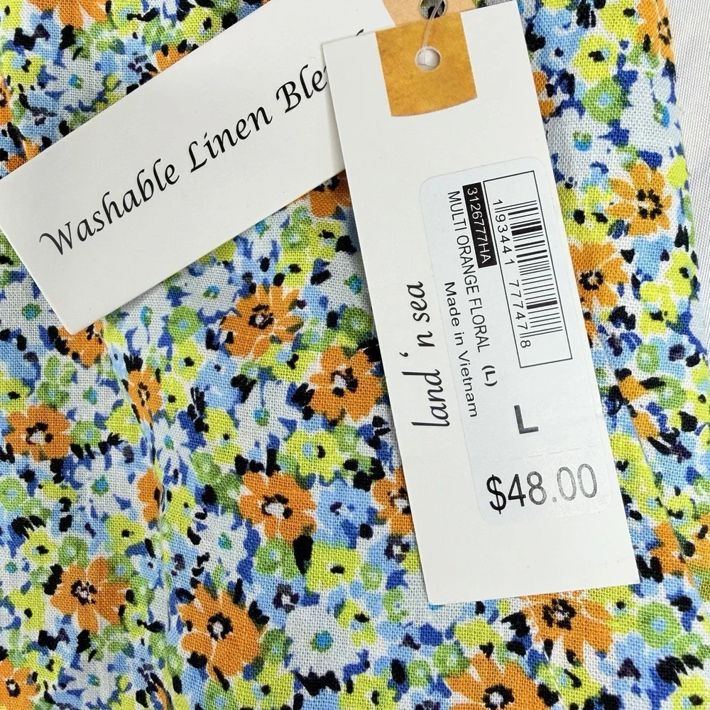 Land 'N Sea Women's SZ-L Orange Floral 55%Linen & Rayon Blend midi length skir‎